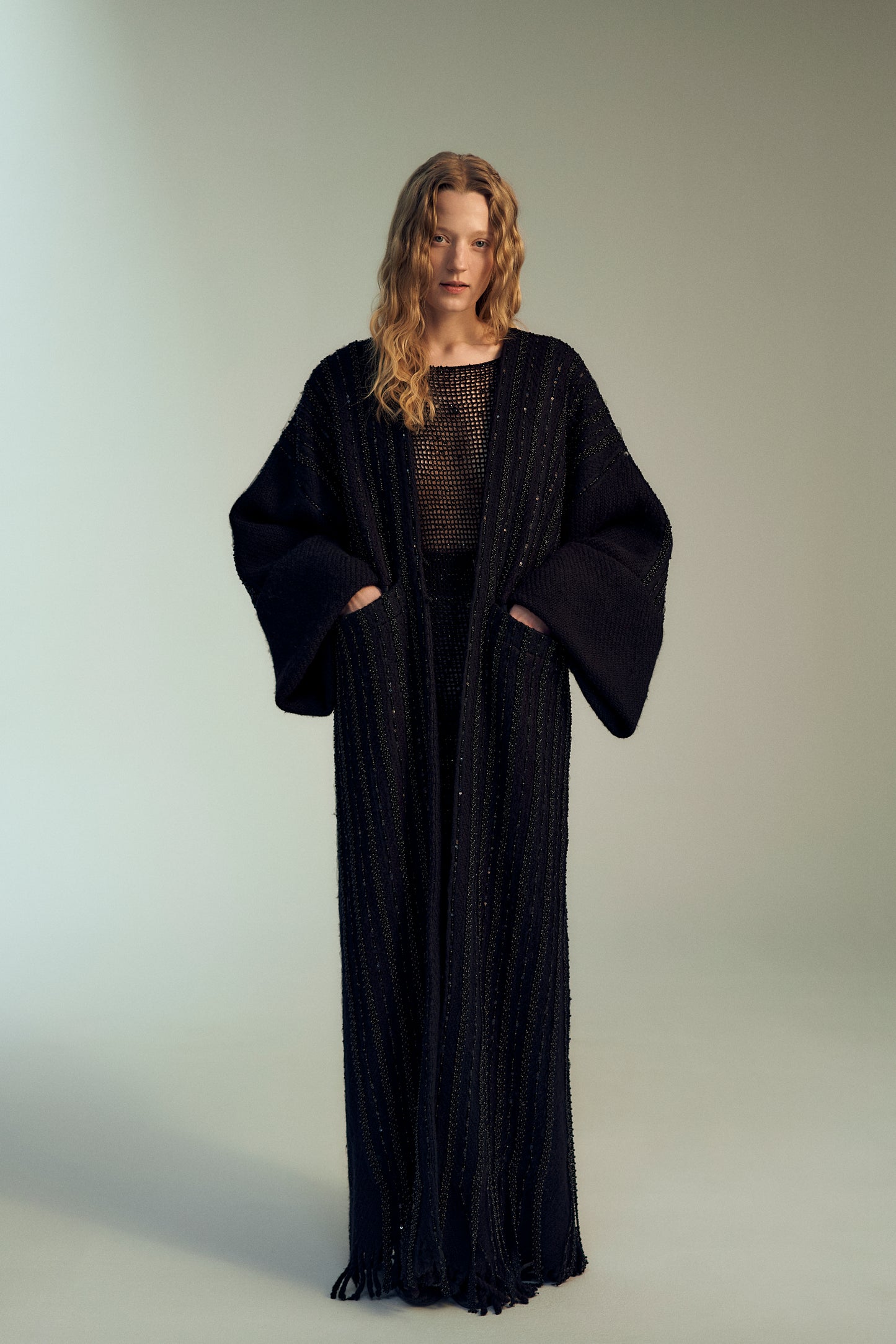 Black beaded wool coat