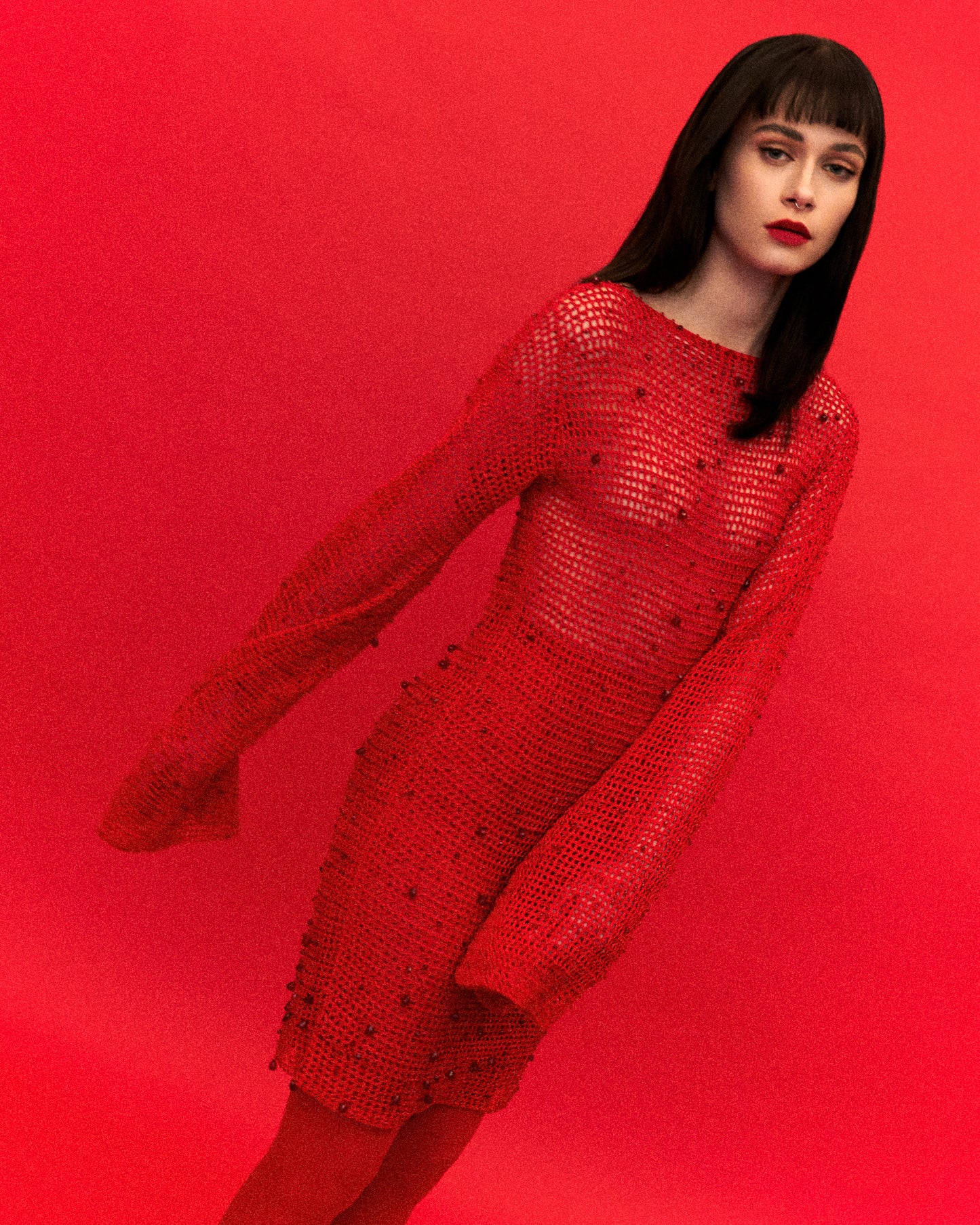 Red beaded crochet dress