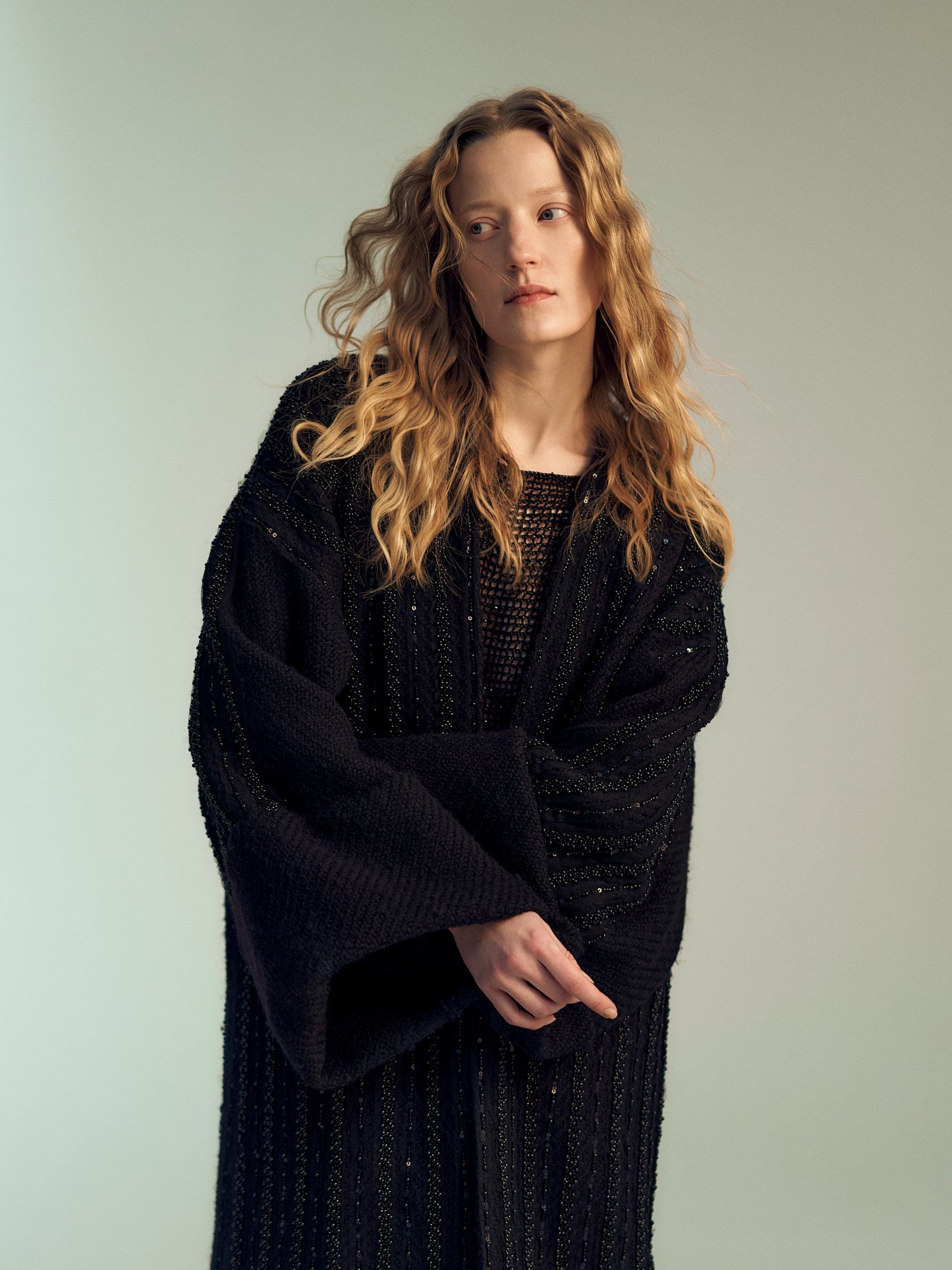 Black beaded wool coat