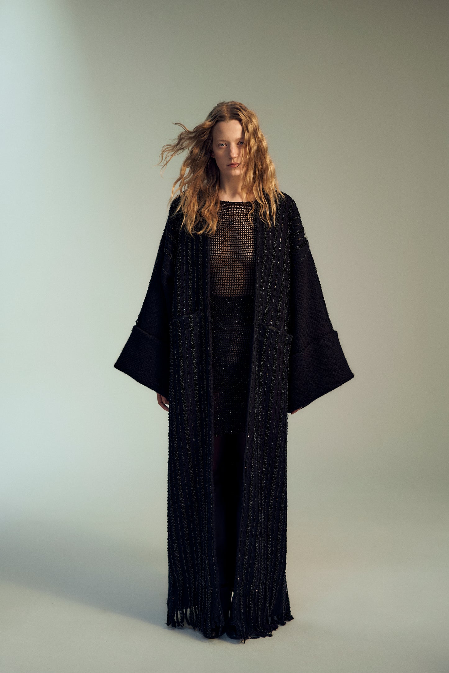 Black beaded wool coat